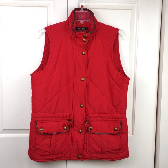 Lauren Ralph Lauren Red Quilted Full Zip Faux Leather Trim Patch Pocket Vest - Picture 2 of 13